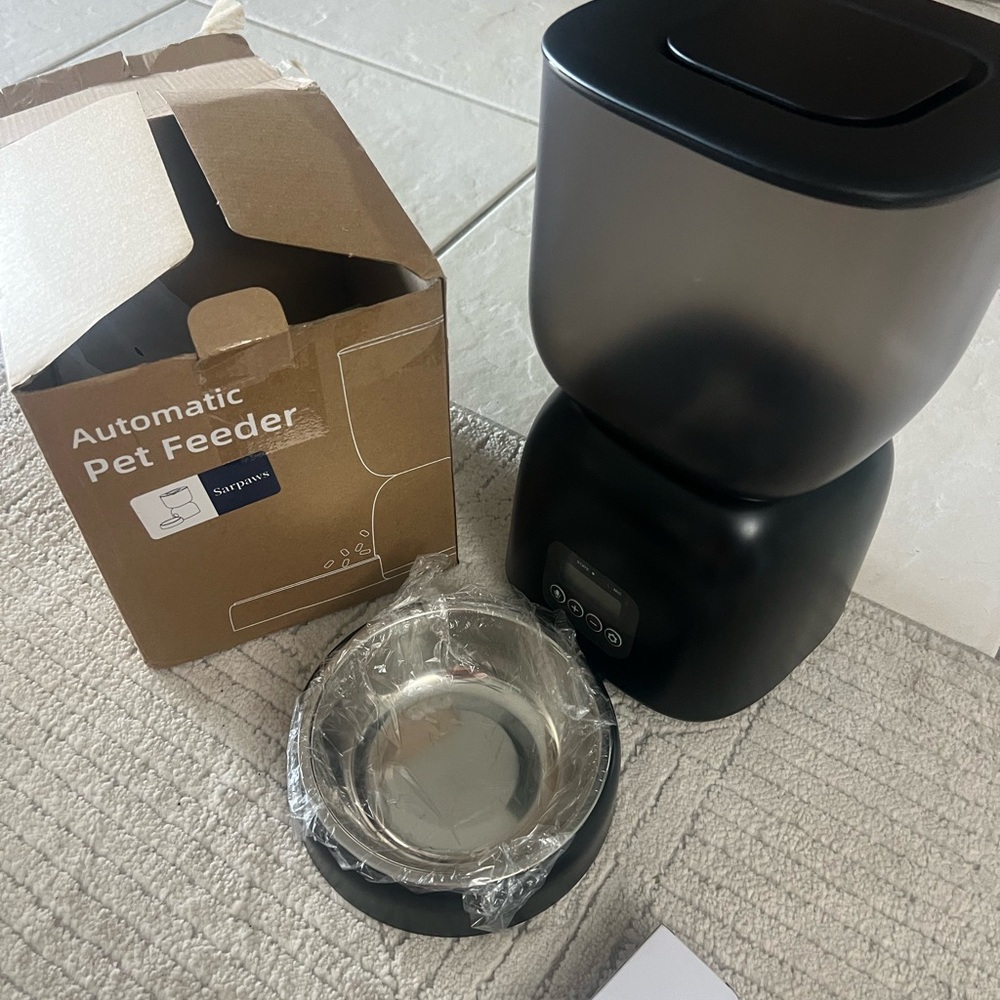 Black Automatic Pet Feeder with Stainless Steel Bowl